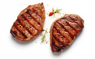 AI generated Grilled pork or beef steaks with chilli Isolated on White background photo