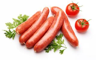 AI generated Tasty goodness sausages Isolated on White background photo