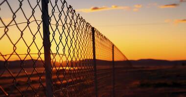 AI generated The Sturdy Mesh and Barbed Wire Fence Enclosing an Area, Captured at Dusk photo