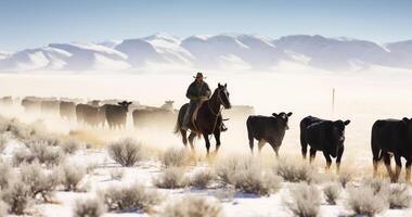 ai generado invierno migración - vaqueros guía vacas mediante el Desierto a invierno alimentar un montón en medio de escarchado copos de nieve foto