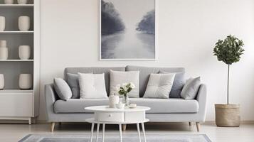 AI generated A Sophisticated Grey Settee Completing an Apartment's Decor, Enhanced by Art and Lighting photo