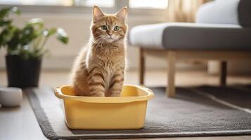 ai generado un linda gato pacíficamente ocupando sus camada caja en un habitaciones calor foto