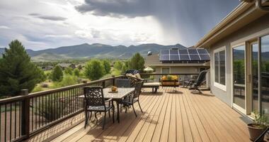 AI generated A Spacious Deck Featuring Wooden Flooring and Furniture, Overlooking Solar Panels and Majestic Mountains photo