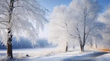 ai generado el asombroso belleza de arboles congelado en hora en el invierno bosque foto