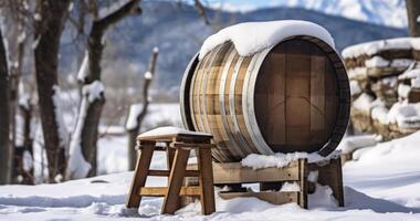 AI generated An Old Barrel Crafted from Wooden Staves and Metal Hoops, Set Against a Snowy Landscape photo