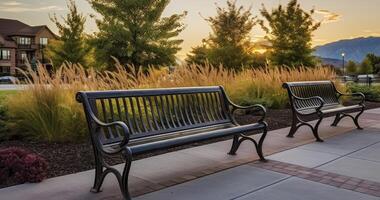 AI generated Sturdy Metal Benches Gracing a Beautiful Park with a Panoramic View of Homes, Mountains, and a Clear Sky photo