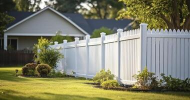 AI generated A White Vinyl Fence Enveloping the Green Lawn, Crafting a Secluded Backyard Haven photo