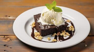 AI generated Dessert Perfection - A Heavenly Chocolate Brownie with Creamy Vanilla Ice Cream, Nuts, and Fresh Mint on a White Plate photo