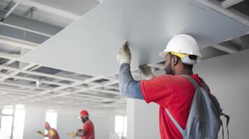 AI generated Professional Technicians at Work, Implementing Acoustic Panel Installation on a Ceiling photo