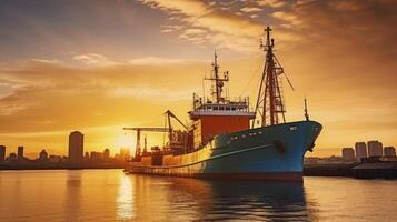 AI generated Dusk at the Dock - A Cargo Vessel Stands Against the Backdrop of a Beautiful Sunset Sky photo