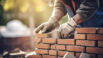 AI generated Bricklayer worker installing brick masonry on exterior wall photo