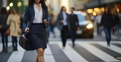 AI generated A Businesswoman Seamlessly Texting While Navigating a Busy City Crosswalk photo