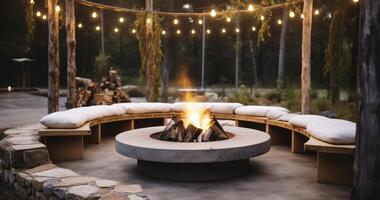 AI generated A Serene Lounge Area in the Forest, Complete with a Cozy Fireplace, Round Seating, and Garland Lights photo