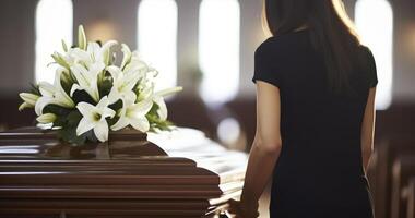 AI generated A Solemn Woman with White Lily Flowers Stands by a Coffin During a Funeral Service photo