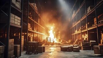 AI generated Catastrophic Warehouse Fire Engulfs Shelves and Goods, Resulting in Significant Delivery Delays and Losses photo