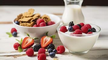 ai generado un sano combinación de cereal, leche, y un surtido de bayas, endulzado con miel en un blanco madera antecedentes foto