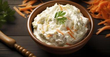 AI generated Salad Sensation - A Vibrant and Fresh Cabbage-Carrot Coleslaw, Adorned with a Rich Homemade Mayonnaise Dressing photo