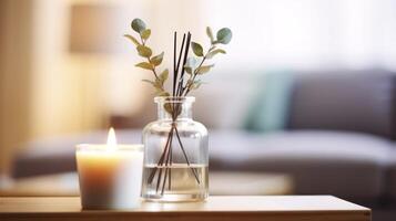 AI generated A Home Table Graced with a Reed Diffuser, Burning Candle, Eucalyptus Branches, and Perfume for a Hygge Experience photo