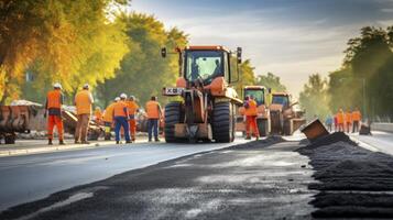 ai generado un vislumbrar dentro el dinámica paisaje de un autopista construcción sitio tendido nuevo asfalto foto