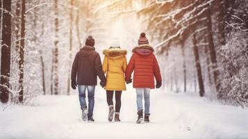 AI generated A Group of Joyful Friends Enjoying a Walk Together in a Winter Forest photo