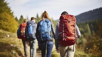 AI generated A group of friends walking with backpacks from back on Their Travel and Hiking Escapade photo