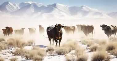 AI generated Moving the herd to the winter feed lots. Frosty crystallized flakes of snow blowing around in the air photo