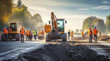 ai generado Ingenieria el calzadas - el intenso trabajo de edificio un nuevo asfalto carretera, capturado a un construcción sitio foto