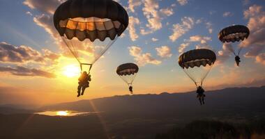 AI generated Military Paratroopers Making a Controlled Landing with Parachutes photo