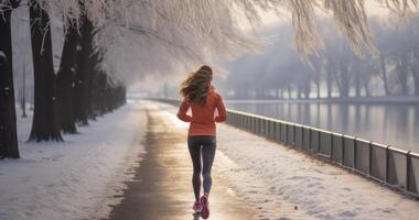 AI generated Rear View, A Woman Continues Her Fitness Journey with Winter Runs photo