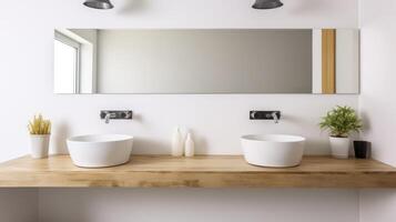 AI generated A Stylish Bathroom with Two Sinks and a Sleek Wooden Vanity Surface photo