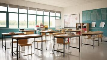 AI generated Inside a Classroom, Where Desks Stand in Orderly Rows, Awaiting Students Arrival photo