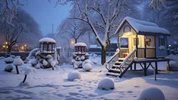 ai generado un hermosa invierno jardín con un cubierto de nieve patio de recreo a noche foto