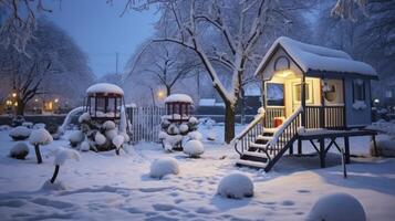 AI generated A Beautiful Winter Garden with a Snow-Covered Playground at Night photo