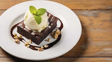 AI generated A Chocolate Brownie Paired with Vanilla Ice Cream, Nuts, and Mint on a White Plate. copy space. photo