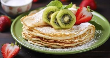 AI generated Close-Up of Thin Crepes with Strawberry and Kiwi, Topped with Raspberries and Powdered Sugar for a Tasty Brunch photo