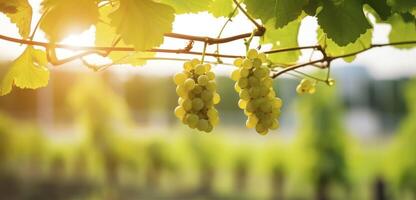 AI generated Young Vine Plants with Lush Leaves and Ripe Grapes, Tied to a Metal Frame, Captured in a Radiant, Blurred Background photo