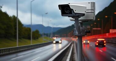 ai generado tráfico conformidad - un Radar velocidad controlar cámara montado para eficaz la carretera la seguridad administración foto