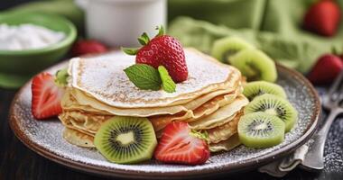 AI generated A Delectable Serving of Thin Crepes with Strawberry and Kiwi, Garnished with Raspberries and a Dusting of Powdered Sugar photo