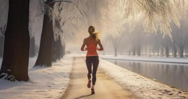 AI generated Winter Workout - Rear view Fitness running woman in winter season photo