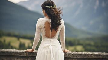 AI generated The Enchanting Vision of a Brunette Bride Set Against the Splendor of the Mountains photo