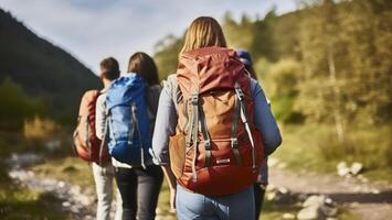 ai generado un banda de exploradores, unido por aventura, de viaje con mochilas a lo largo el caminata foto