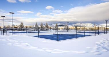 ai generado un cubierto de nieve tenis Corte conjunto en contra un fondo de casas, montañas, y un brillante nublado cielo foto