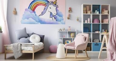 ai generado un niño dormitorio muy lleno con color, presentando unicornio imágenes, un encantador cama configuración, y un acogedor Sillón foto