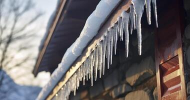 AI generated Frozen dripping water against ceiling lamp of house with stone wall. Spiked icicles at the edge of pitched gray roof with clumps of snow in winter photo