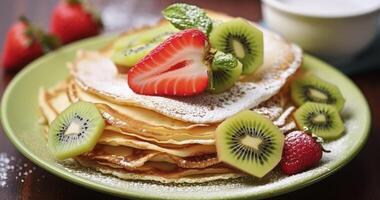 AI generated Thin Crepes Dessert with Strawberry Kiwi Close-up. Tasty Healthy Savory Brunch with Raspberry and Powder Sugar photo