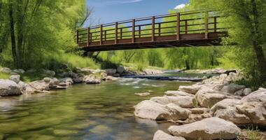 AI generated A Bridge Over a Shimmering River, Encircled by Rocky Edges, Abundant Trees, and an Expansive Blue Sky with Billowy Clouds photo