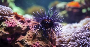 ai generado coral guardián - el negro columna larga pilluelo, diadema setoso, un enigmático residente de el mar foto