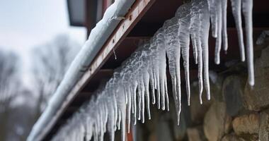 ai generado claveteado carámbanos colgado desde un inclinado gris techo, adornado con nieve grupos, en contra un con paredes de piedra casa foto