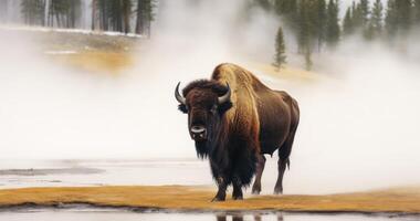 AI generated The Striking Presence of a Bison in a Foggy Field by a Hot Spring photo