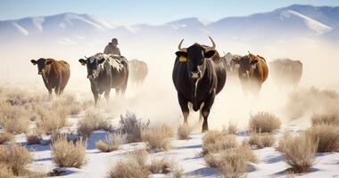 ai generado vacas y vaqueros valiente frío vientos y nieve ráfagas en su camino a invierno tierras de alimentación foto